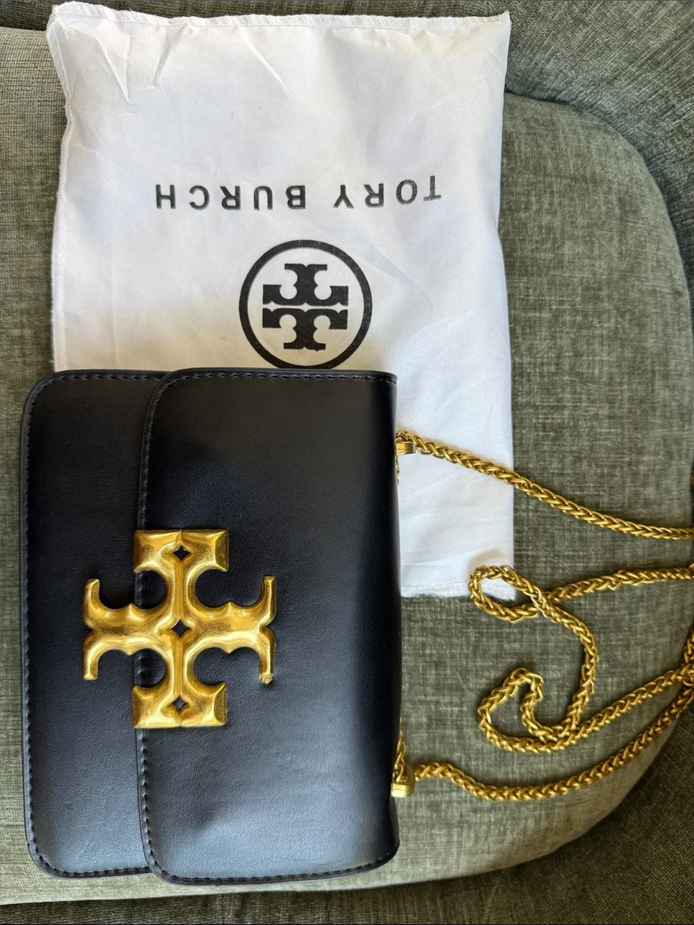 Tory Burch Black Leather Logo Crossbody with Gold Chain
